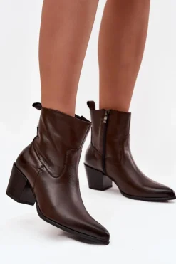 Online Zazoo Skórzane Botki Kowbojki Damskie Na Słupku Ocieplane 60565 Czekoladowe Brązowy