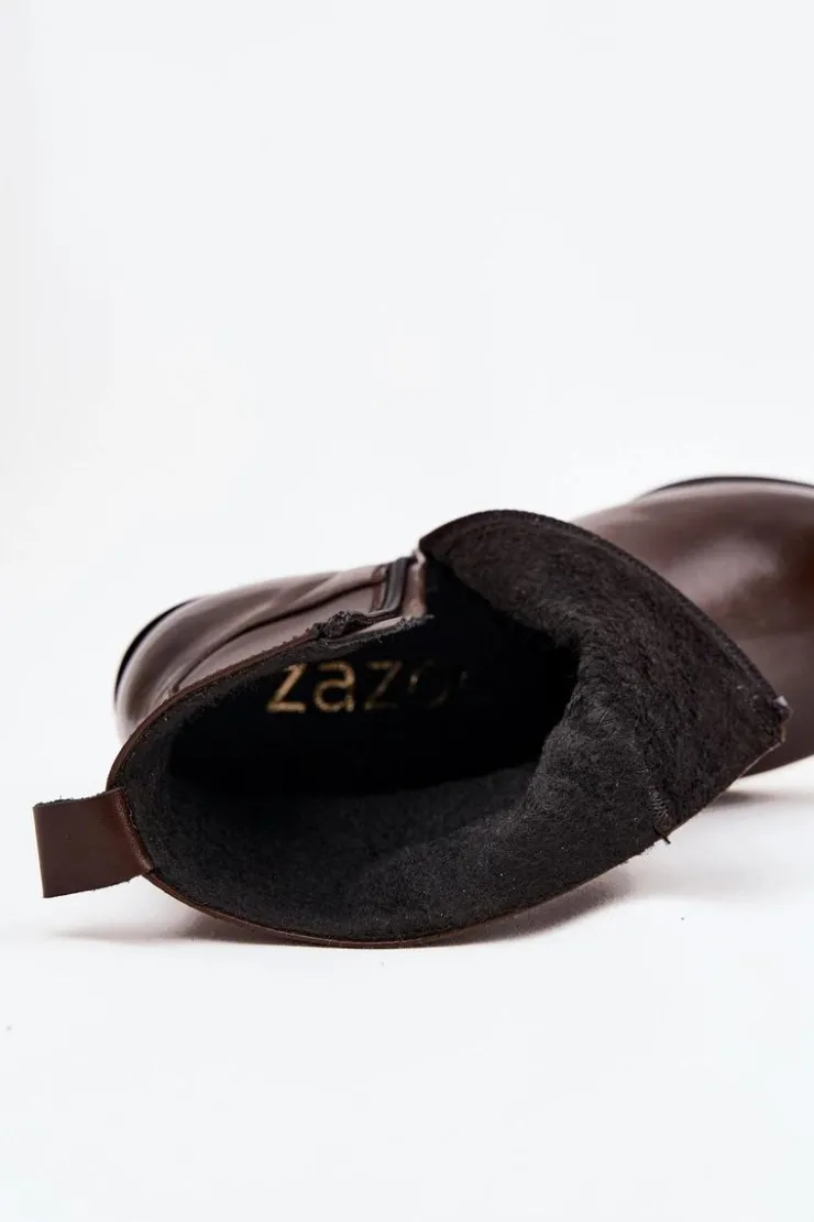 Online Zazoo Skórzane Botki Kowbojki Damskie Na Słupku Ocieplane 60565 Czekoladowe Brązowy