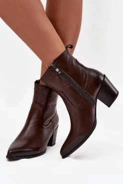 Online Zazoo Skórzane Botki Kowbojki Damskie Na Słupku Ocieplane 60565 Czekoladowe Brązowy