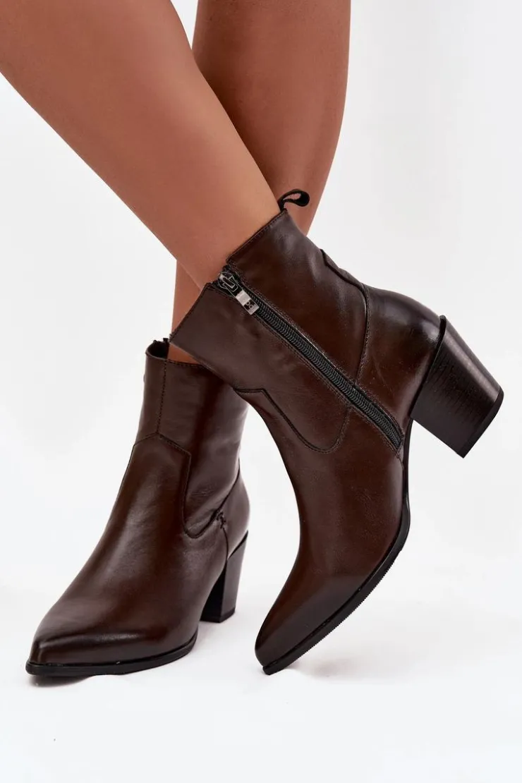 Online Zazoo Skórzane Botki Kowbojki Damskie Na Słupku Ocieplane 60565 Czekoladowe Brązowy