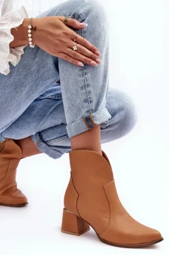 Sale Boto Skórzane Botki Kowbojki Damskie Na Obcasie Camel Lewski 3166/B/2