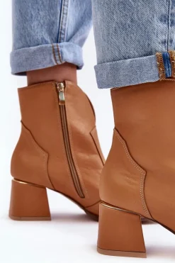 Sale Boto Skórzane Botki Kowbojki Damskie Na Obcasie Camel Lewski 3166/B/2