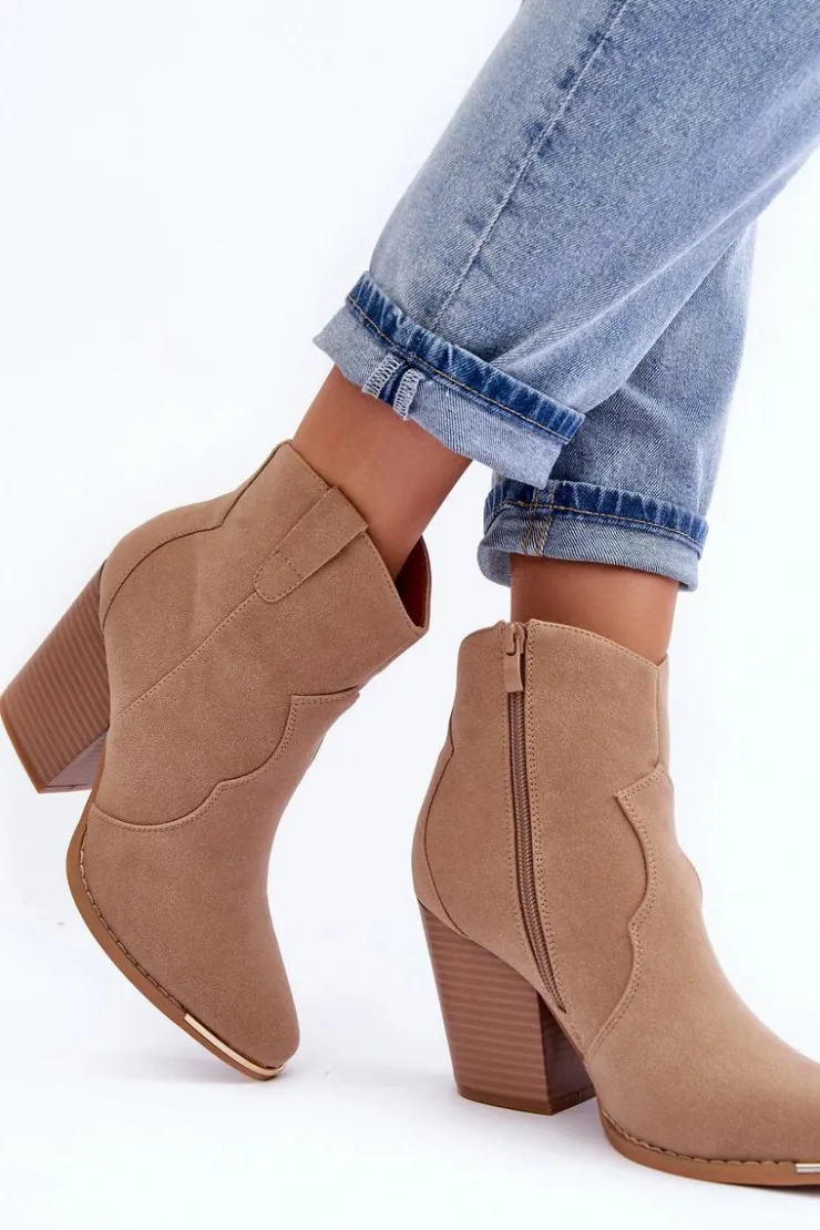 Online Boto Skórzane Botki Kowbojki Na Obcasie Beżowe Lotoune