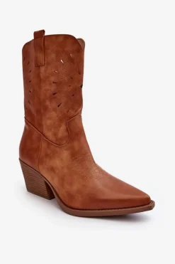 Boto Botki Wiosenne|Botki Na Słupku*Skórzane Botki Kowbojki Na Niskim Obcasie Camel Ursuline