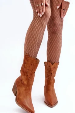 Boto Botki Wiosenne|Botki Na Słupku*Skórzane Botki Kowbojki Na Niskim Obcasie Camel Ursuline