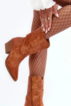 Boto Botki Wiosenne|Botki Na Słupku*Skórzane Botki Kowbojki Na Niskim Obcasie Camel Ursuline