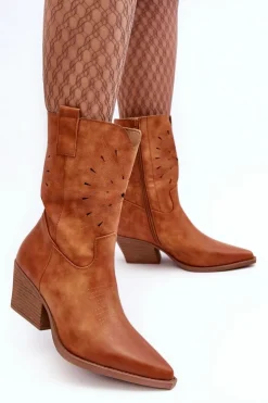 Boto Botki Wiosenne|Botki Na Słupku*Skórzane Botki Kowbojki Na Niskim Obcasie Camel Ursuline