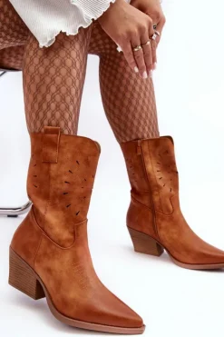 Boto Botki Wiosenne|Botki Na Słupku*Skórzane Botki Kowbojki Na Niskim Obcasie Camel Ursuline