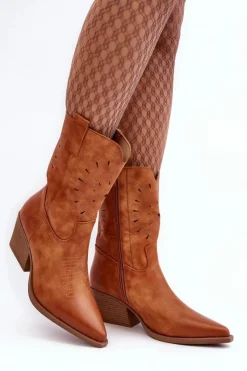 Boto Botki Wiosenne|Botki Na Słupku*Skórzane Botki Kowbojki Na Niskim Obcasie Camel Ursuline