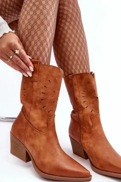 Boto Botki Wiosenne|Botki Na Słupku*Skórzane Botki Kowbojki Na Niskim Obcasie Camel Ursuline