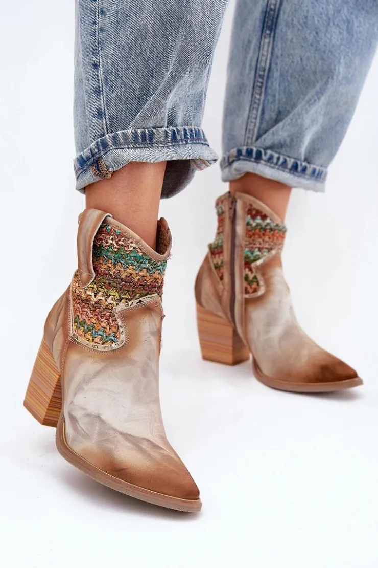 Maciejka Botki Wiosenne|Botki Na Słupku*Skórzane Botki Kowbojki Na Słupku Z Ozdobną Plecionką 06810-29 Multikolor