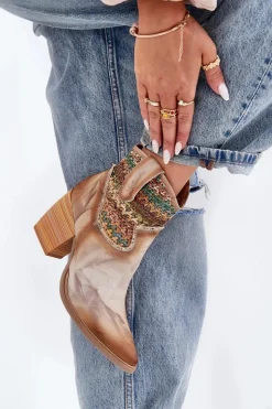 Maciejka Botki Wiosenne|Botki Na Słupku*Skórzane Botki Kowbojki Na Słupku Z Ozdobną Plecionką 06810-29 Multikolor