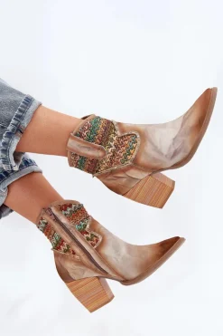 Maciejka Botki Wiosenne|Botki Na Słupku*Skórzane Botki Kowbojki Na Słupku Z Ozdobną Plecionką 06810-29 Multikolor