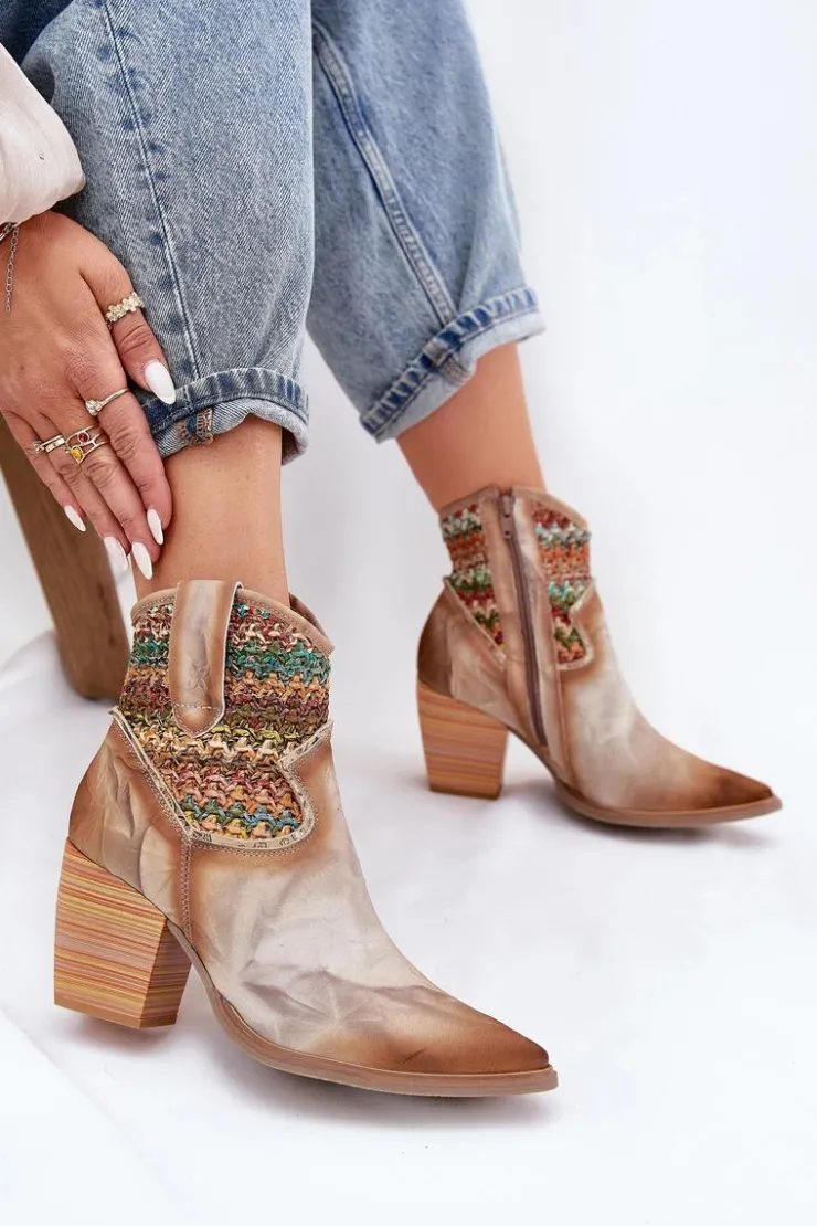 Maciejka Botki Wiosenne|Botki Na Słupku*Skórzane Botki Kowbojki Na Słupku Z Ozdobną Plecionką 06810-29 Multikolor