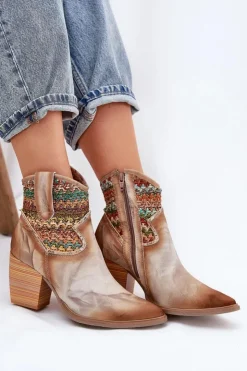 Maciejka Botki Wiosenne|Botki Na Słupku*Skórzane Botki Kowbojki Na Słupku Z Ozdobną Plecionką 06810-29 Multikolor