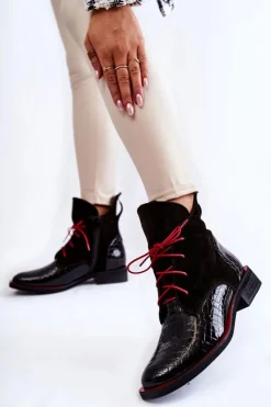 Boto Botki Sznurowane|Czarne Botki*Skórzane Botki Krokodyli Wzór Czarno-Czerwone Cheyenne