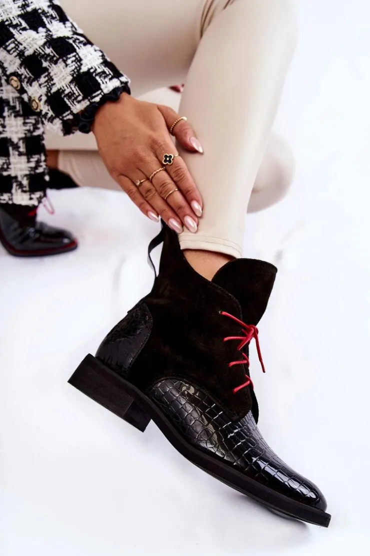 Boto Botki Sznurowane|Czarne Botki*Skórzane Botki Krokodyli Wzór Czarno-Czerwone Cheyenne