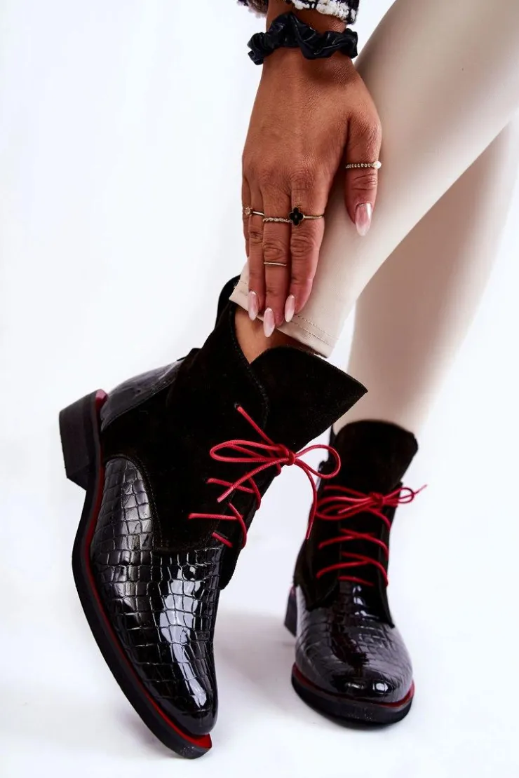 Boto Botki Sznurowane|Czarne Botki*Skórzane Botki Krokodyli Wzór Czarno-Czerwone Cheyenne