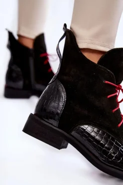 Boto Botki Sznurowane|Czarne Botki*Skórzane Botki Krokodyli Wzór Czarno-Czerwone Cheyenne