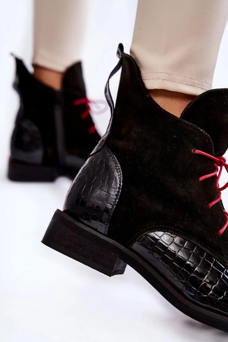 Boto Botki Sznurowane|Czarne Botki*Skórzane Botki Krokodyli Wzór Czarno-Czerwone Cheyenne