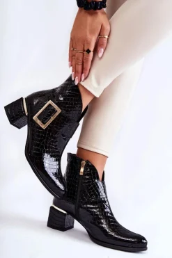Damskie Boto Skórzane Botki Krokodyli Wzór Na Suwak Czarne Briana