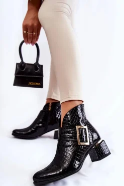 Damskie Boto Skórzane Botki Krokodyli Wzór Na Suwak Czarne Briana