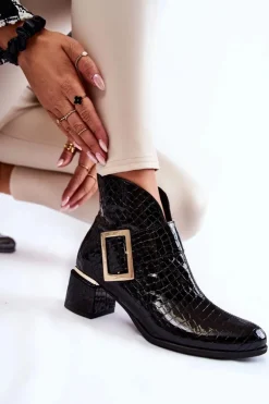 Damskie Boto Skórzane Botki Krokodyli Wzór Na Suwak Czarne Briana