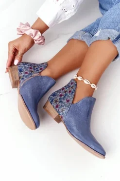 Damskie Maciejka Skórzane Botki Granatowe Z Kwiatami 04091-64