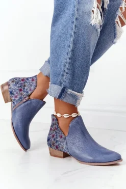 Damskie Maciejka Skórzane Botki Granatowe Z Kwiatami 04091-64