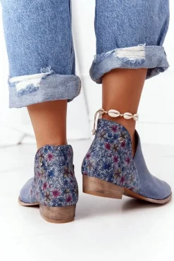 Damskie Maciejka Skórzane Botki Granatowe Z Kwiatami 04091-64