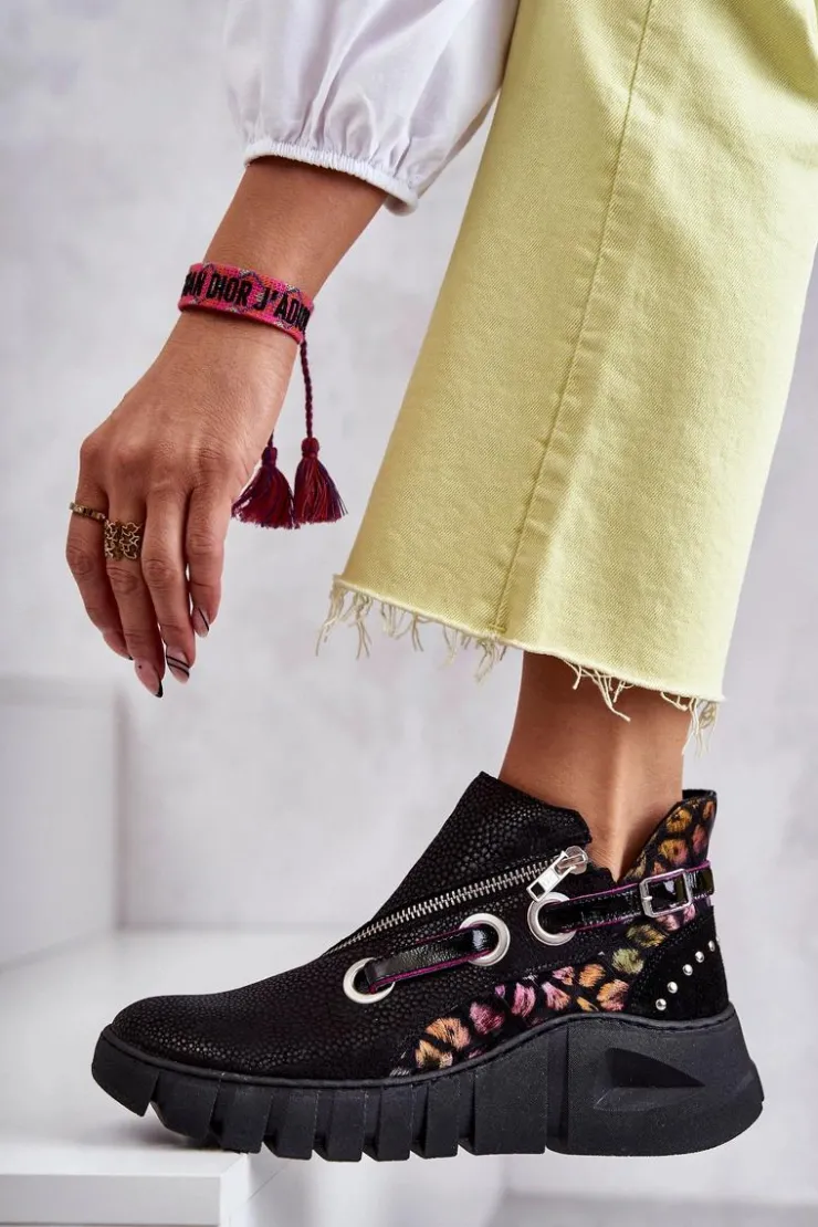 Outlet Maciejka Skórzane Botki Z Cętkami 05660-20 Czarne