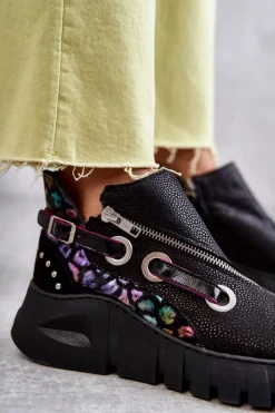 Outlet Maciejka Skórzane Botki Z Cętkami 05660-20 Czarne