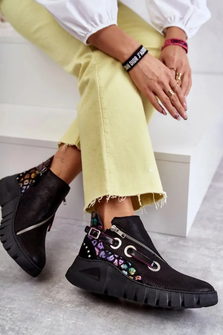 Outlet Maciejka Skórzane Botki Z Cętkami 05660-20 Czarne