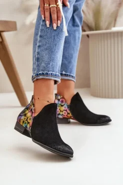 Damskie Maciejka Skórzane Botki Z Wycięciami 04091-77 Czarne