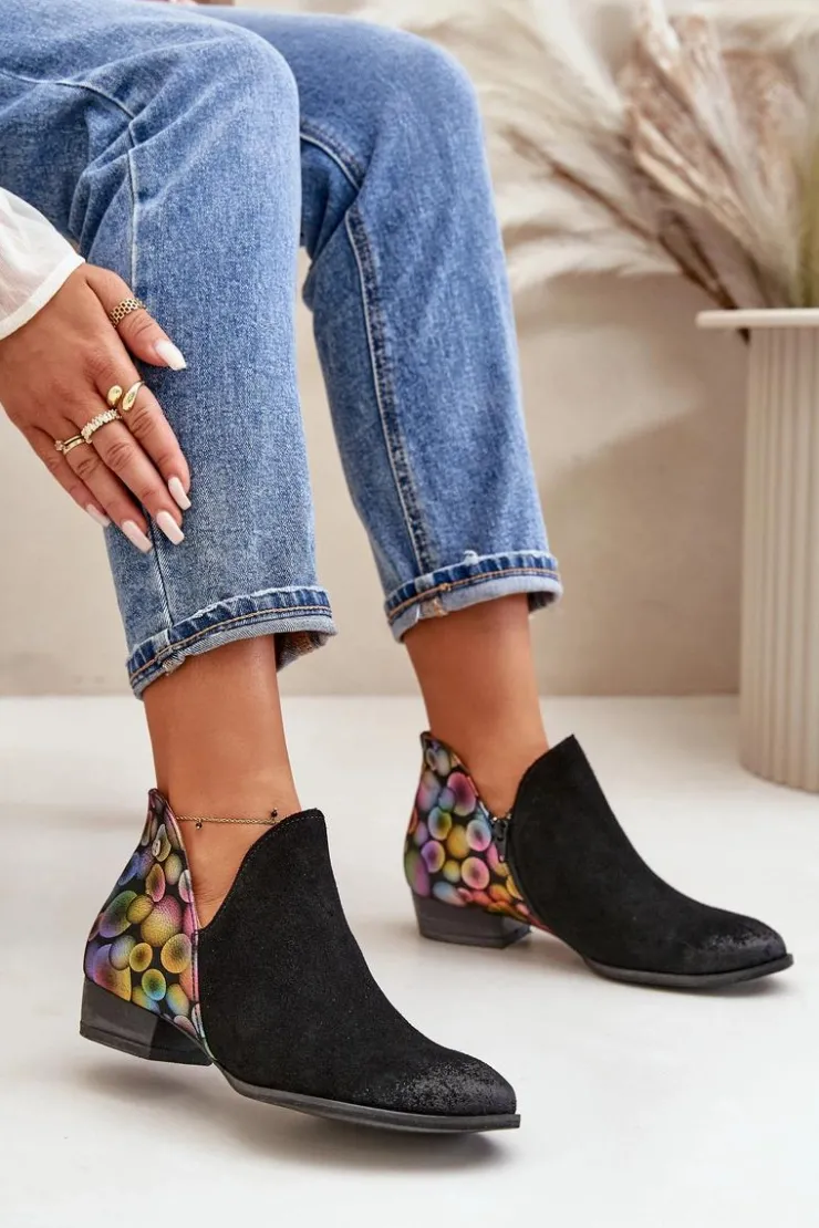 Damskie Maciejka Skórzane Botki Z Wycięciami 04091-77 Czarne