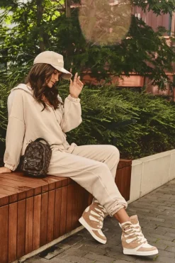 Damskie Boto Skórzane Botki Na Koturnie Sznurowane Beżowe Amria