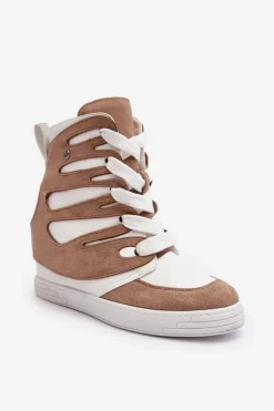 Damskie Boto Skórzane Botki Na Koturnie Sznurowane Beżowe Amria