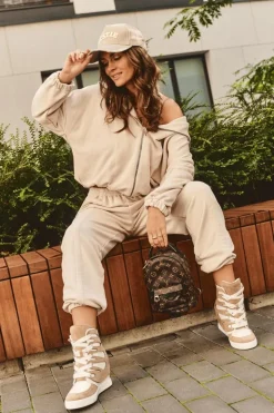 Damskie Boto Skórzane Botki Na Koturnie Sznurowane Beżowe Amria