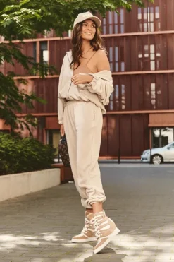 Damskie Boto Skórzane Botki Na Koturnie Sznurowane Beżowe Amria