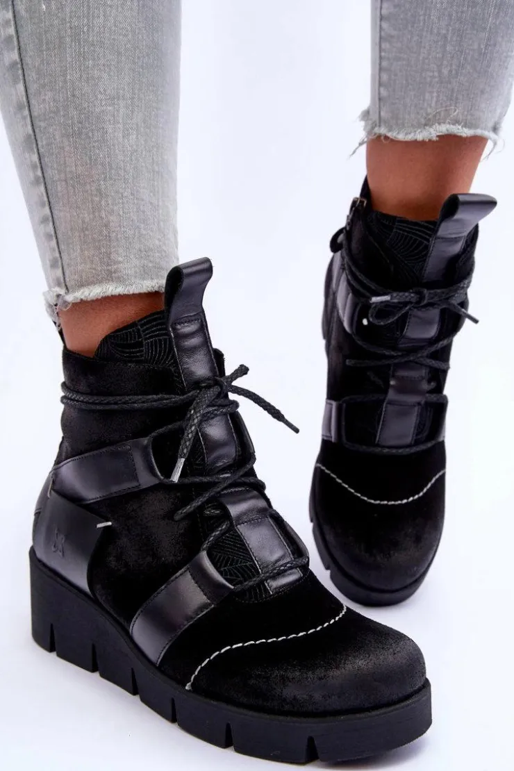 Damskie Maciejka Skórzane Botki Na Koturnie 06185-01 Czarne