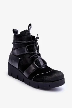 Damskie Maciejka Skórzane Botki Na Koturnie 06185-01 Czarne