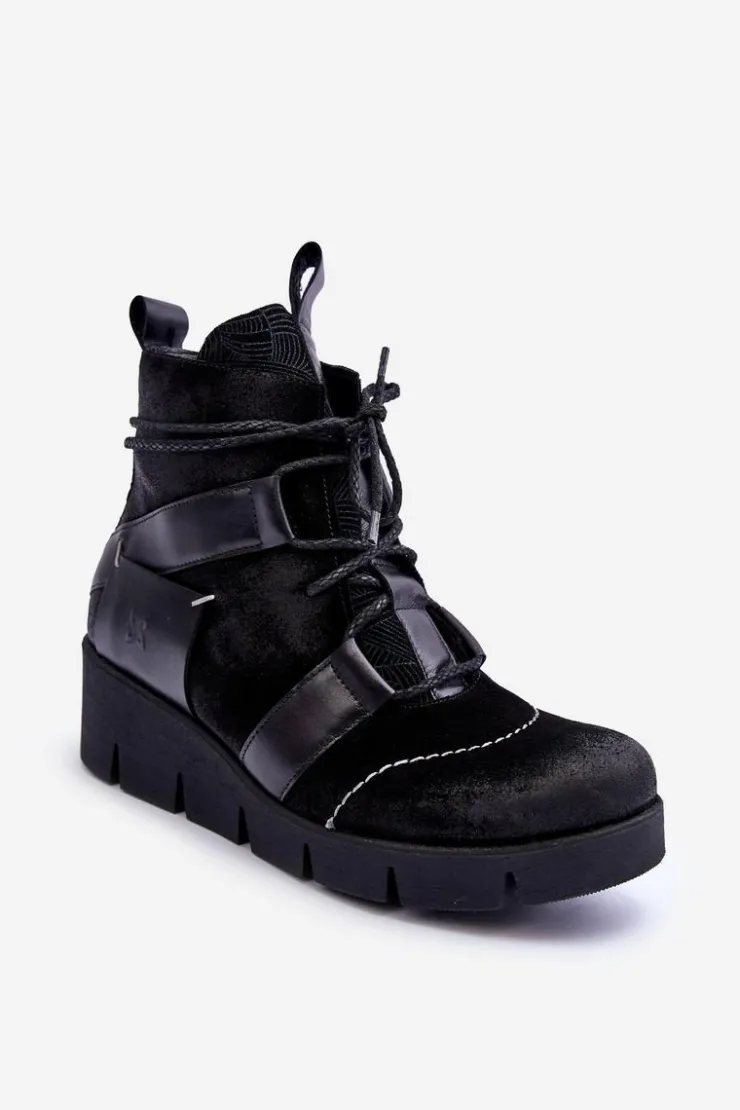 Damskie Maciejka Skórzane Botki Na Koturnie 06185-01 Czarne