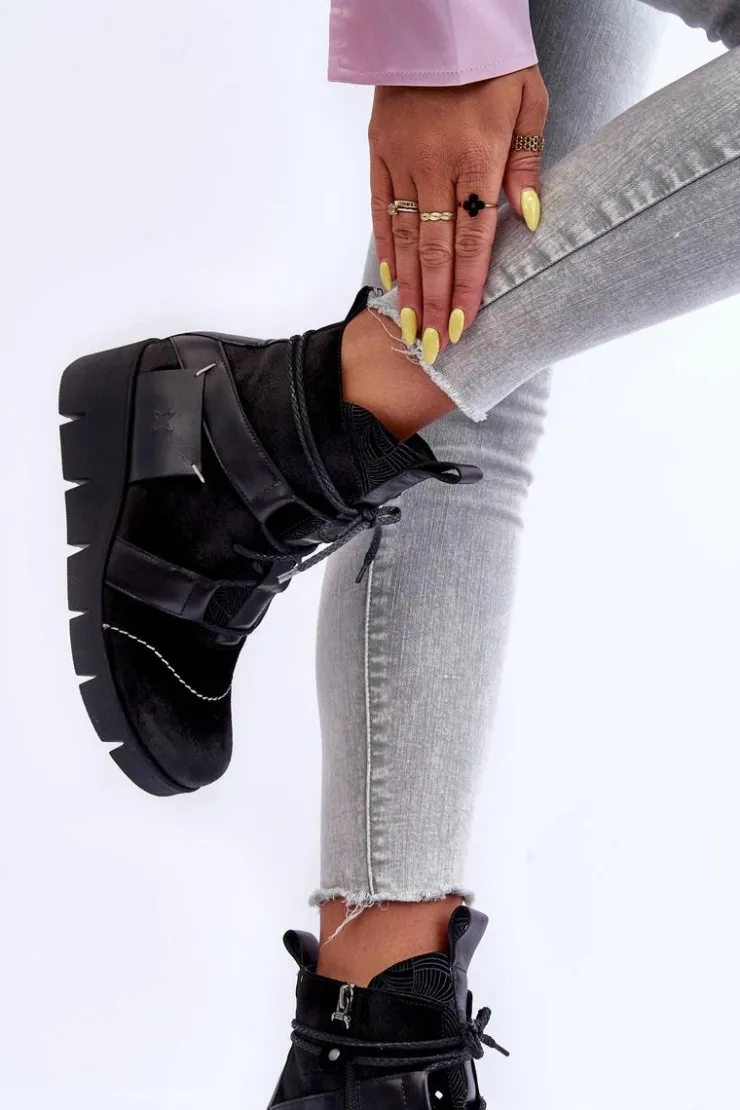 Damskie Maciejka Skórzane Botki Na Koturnie 06185-01 Czarne