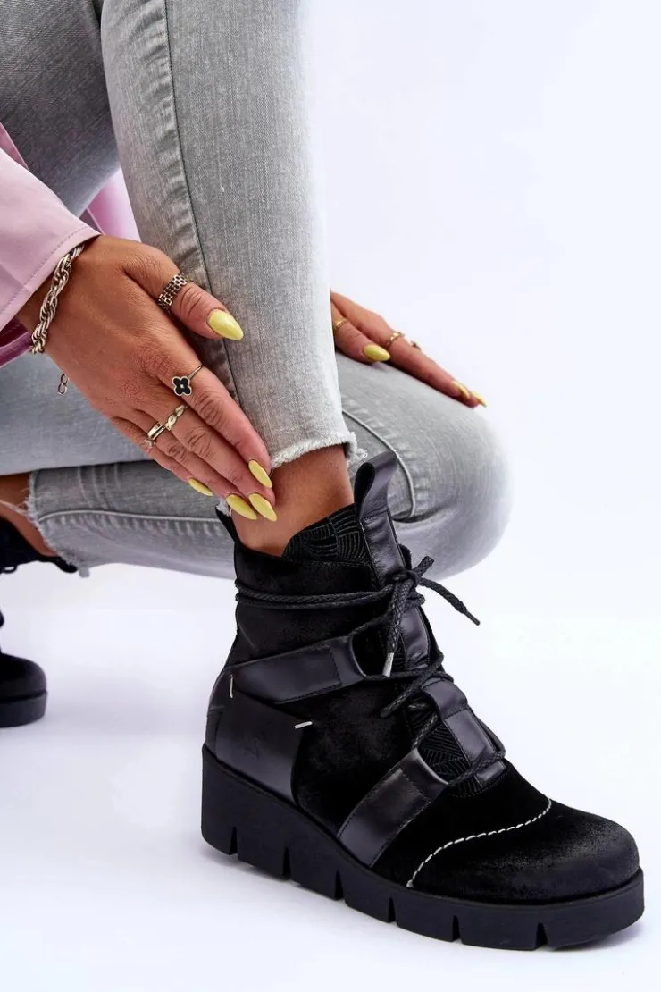 Damskie Maciejka Skórzane Botki Na Koturnie 06185-01 Czarne