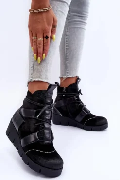 Damskie Maciejka Skórzane Botki Na Koturnie 06185-01 Czarne