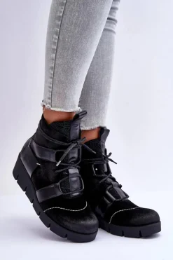 Damskie Maciejka Skórzane Botki Na Koturnie 06185-01 Czarne