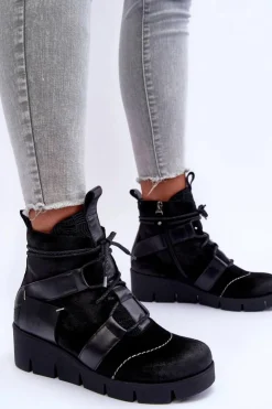 Damskie Maciejka Skórzane Botki Na Koturnie 06185-01 Czarne