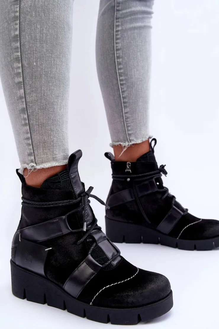 Damskie Maciejka Skórzane Botki Na Koturnie 06185-01 Czarne