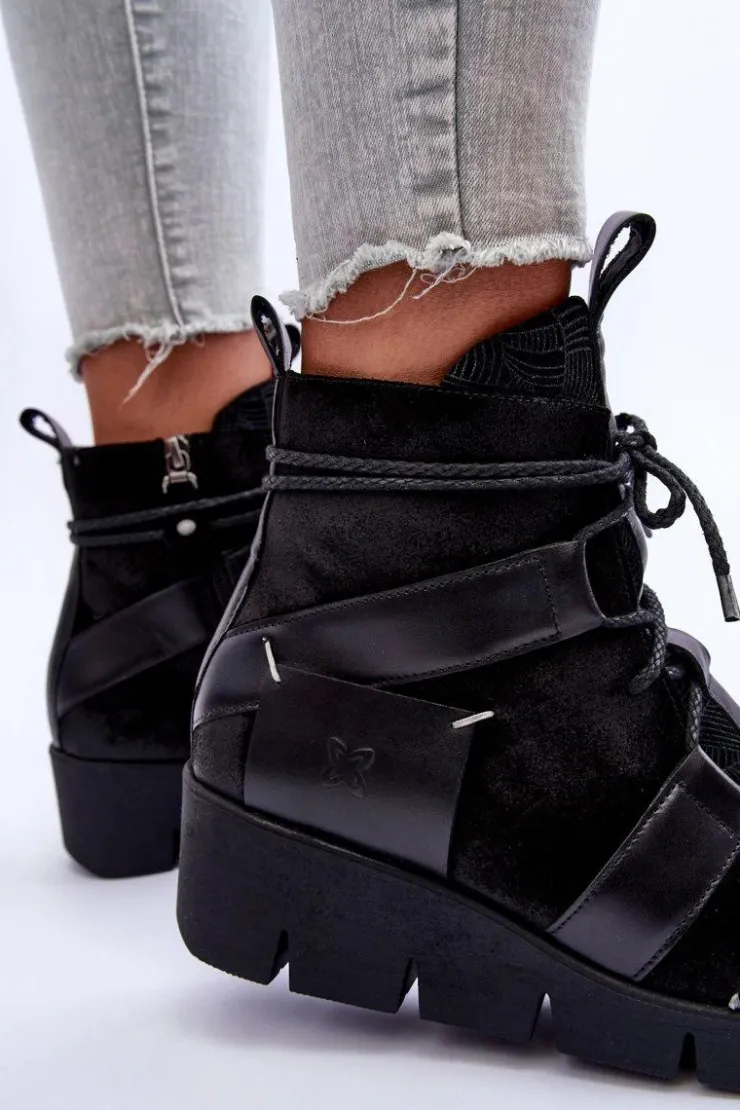 Damskie Maciejka Skórzane Botki Na Koturnie 06185-01 Czarne