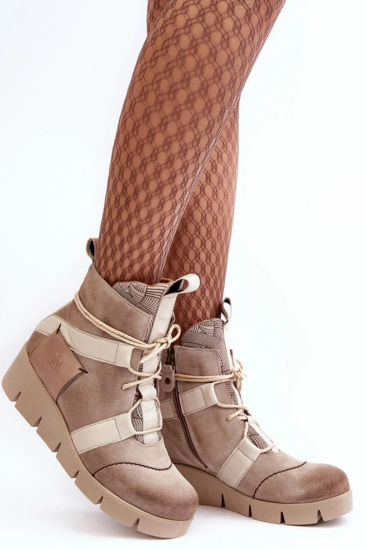 Damskie Maciejka Skórzane Botki Na Koturnie 06185-22 Jasnobeżowe